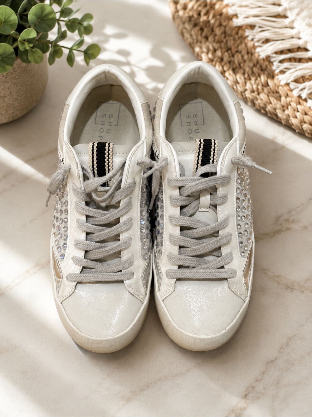 ShuShop White Crystal-Embellished Lace-Up Sneakers